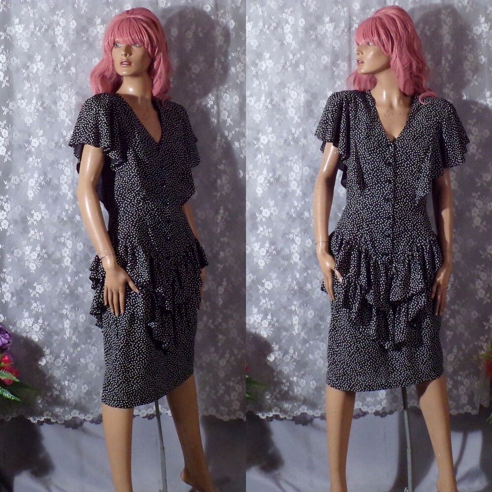 Vintage 80s Ruffle Dress Size Small 1980s Retro New Wave Secretary Twee Cute